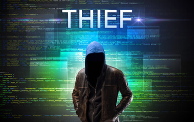 Faceless hacker on code background
