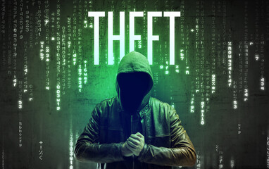 Faceless hacker with inscription concept