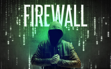 Faceless hacker with inscription concept