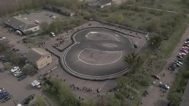 Aerial drone view of the open-air street racing and drift track