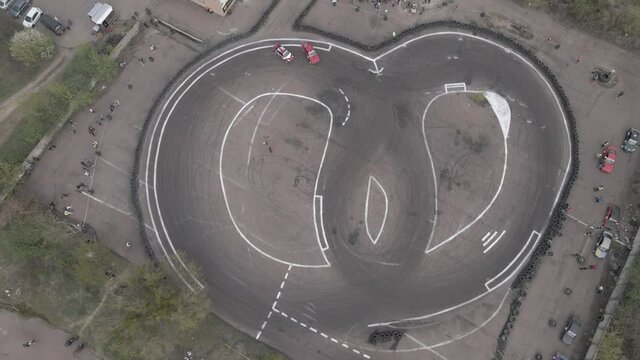 Aerial drone view of the open-air street racing and drift track