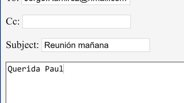 Spanish. Typing Introduction Greeting Beginning Email Dear Paula in Online Box. Start Type E-mail to Another Person Recipient on Website. Type Intro Letters. Viewpoint of Monitor Screen.