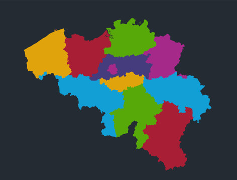 Infographics Belgium map, flat design colors, individual regions, blue background blank