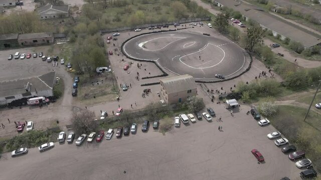 Aerial drone view of the open-air street racing and drift track