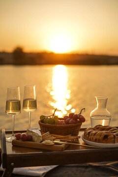Amazing sunset on the lake, white wine, fruit cake, apples, grapes, brie cheese, biscuits. Autumn aesthetic picnic.