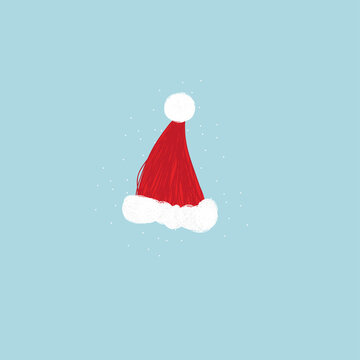 Red santa claus hat, on blue background.