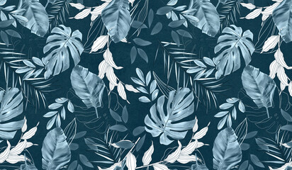 Beautiful pattern of tropical leaves. Wall decor. A mural for the room. Photo wallpapers for the interior. Tropical pattern of different leaves. Painted leaves. - 466215702