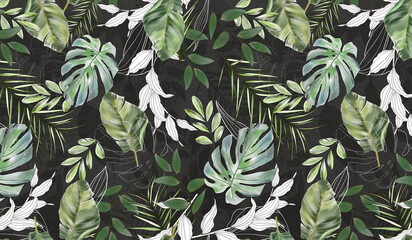 Beautiful pattern of tropical leaves. Wall decor. A mural for the room. Photo wallpapers for the interior. Tropical pattern of different leaves. Painted leaves. - 466215704
