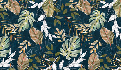 Beautiful pattern of tropical leaves. Wall decor. A mural for the room. Photo wallpapers for the interior. Tropical pattern of different leaves. Painted leaves. - obrazy, fototapety, plakaty