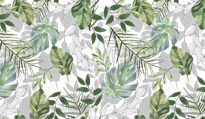Beautiful pattern of tropical leaves. Wall decor. A mural for the room. Photo wallpapers for the interior. Tropical pattern of different leaves. Painted leaves. - 466215719