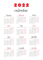 Calendar for 2022 isolated on a white background. Sunday to Monday, business template. Vector illustration	