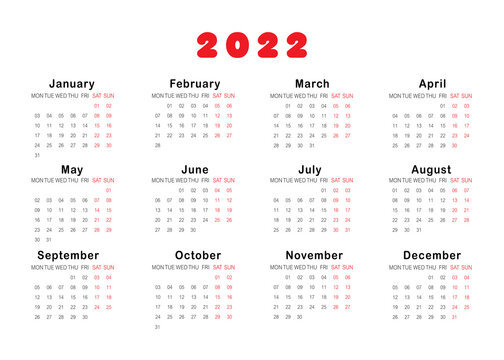 Calendar for 2022 isolated on a white background. Sunday to Monday, business template. Vector illustration	
