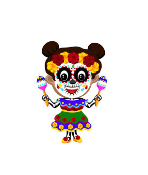 Cute cartoon illustration of a girl dressed up in Day of the Dead costume