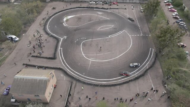 Aerial drone view of the open-air street racing and drift track