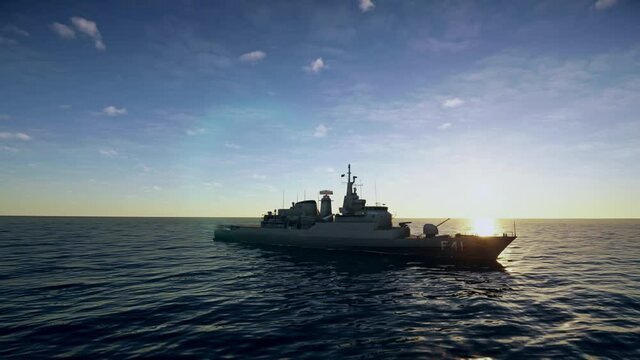 Animation of a frigate of  the naval forces sailing across the ocean. The radar of a warship scanning the sea.
