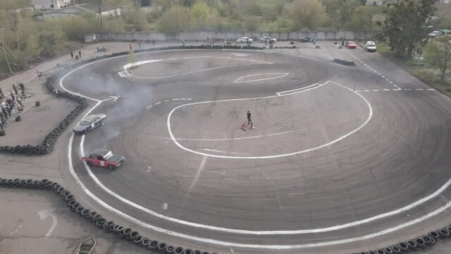Aerial drone view of the open-air street racing and drift track