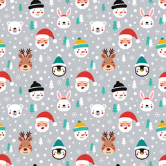 Cute children's winter print with animal faces and Santa