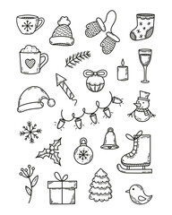 Cute winter doodles. Set of isolated outline vector elements