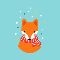 Cute little fox in a warm scarf on a blue background