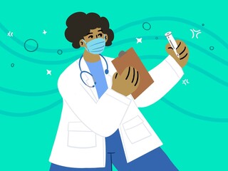 Doctor wearing face mask, lab coat and stethoscope holds up a test tube