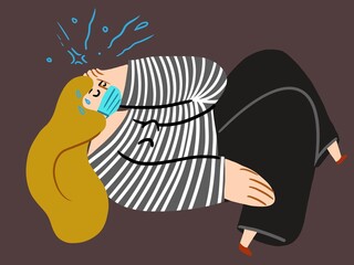 Woman wearing face mask feeling ill, odd body style illustration