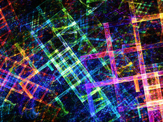 Creación de arte digital abstracto compuesto de líneas coloridas cruzadas formando un entramado aglomerado ocultando el espacio.