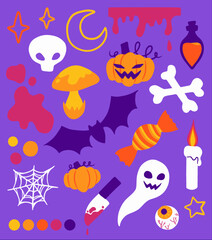 Halloween Vectors Pack | including Skull, Pumpkin, Potion, Mushroom, Candie, Ghost, Candle, Eyeball, Spider Web, Bones, Bat & Kitchen Knife | 3 different backgrounds | Halloween Color Palette