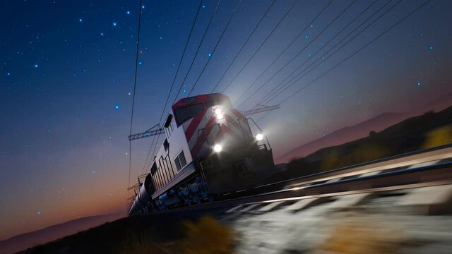 A train running fast at night. Beautiful sky in the background. Railway traction