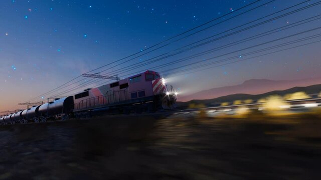 A train running fast at night. Beautiful sky in the background. Railway traction