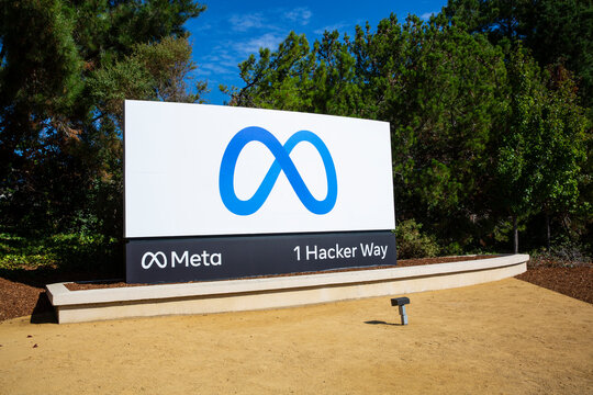 Menlo Park, CA, USA - October 29, 2021: META sign next to the Headquarters Corporate office building. Meta is a social networking service company, former Facebook, new Facebook sign and new logo