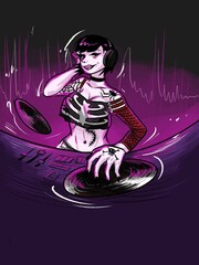 Cute and creepy DJ woman spins disks at night club for halloween dance and music party
