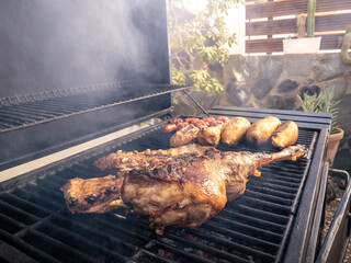 Cooking delicious leg of lamb in a metal tray grilled in backyard of a house.