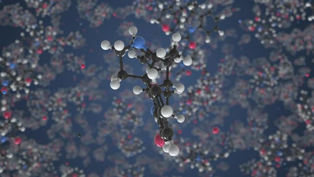 Molecule of strychnine, isolated molecular model. Looping 3D animation or motion background