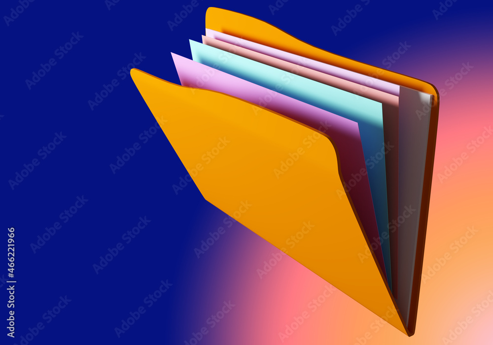 Poster folder with papers. three-dimensional document folder. abstract papers on blue background. document 