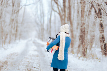 Woman Carrying Christmas Gifts Walking in the Snow