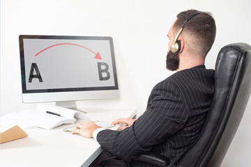 Customer support specialist. Concept - helping to solve problems for clients. Customer service technician in headphones with microphone. Career as a support specialist. Help in solving tasks.