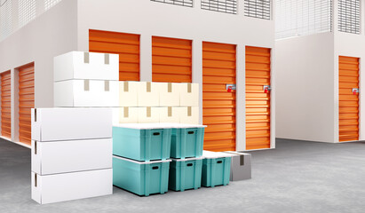 Warehouse rental. Storage containers on ground. Warehouses with orange doors. Warehouse company interior. Rent place to store personal belongings. Block for storage. Storage unit. 3d image.
