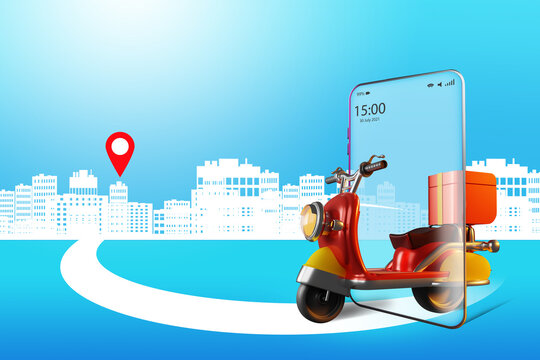 Courier scooter. Delivery technology concept. Professional delivery scooter. Metaphor of calling delivery service through application. Silhouette of city on blue background. Courier route. 3d image