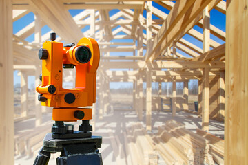 Optical theodolite of surveyor. Optical theodolite on a wooden frame background. Equipment for geodesy. Concept - surveyor business. A device for creating geodetic maps. Construction equipment