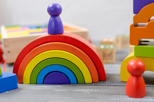  Colorful wooden toy blocks, rainbow, pyramid. Natural toys for  kids, kindergarten