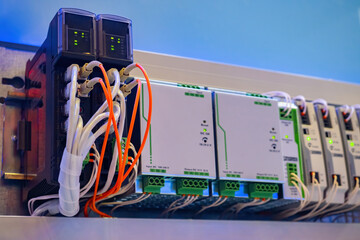 Fragment of electrical equipment. Network equipment with wires. Network controller. Fiber optic...