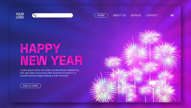 Happy new year landing page fireworks and editable text on purple background 
