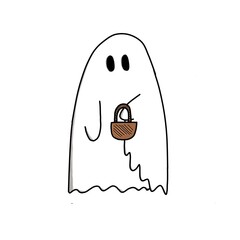 Halloween white Ghost holding a paper bag and saying Trick or Treat