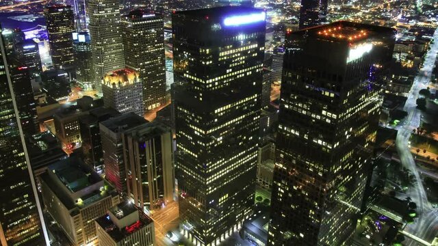 Los Angeles Downtown Aerial Time Lapse Night Cityscape Traffic