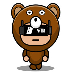 vector cartoon character cute bear mascot costume wearing virtual reality glasses