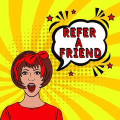 Comic book explosion with text Refer a friend. Refer a friend business offer quote in comics pop-art style. Colorful explosion with funny clouds and halftone background, graphic design for web banners