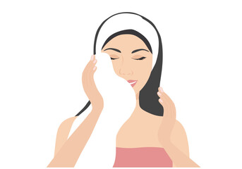Cleaning face skin concept, beautiful woman wiping her face with white towel after shower vector illustration