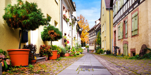 Idyllic narrow street in Ettlingen, Baden-Württemberg, Germany, Europe - obrazy, fototapety, plakaty