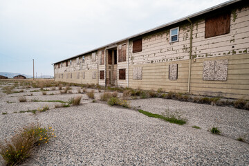 Abandoned bunkhouse or hotel building in the ghost town of Jeffrey City Wyoming