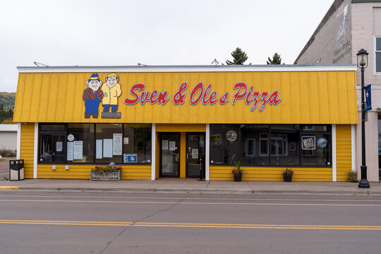 Grand Marais, Minnesota - October 5, 2021: Famous Sven and Oles Pizza restaurant in the downtown area